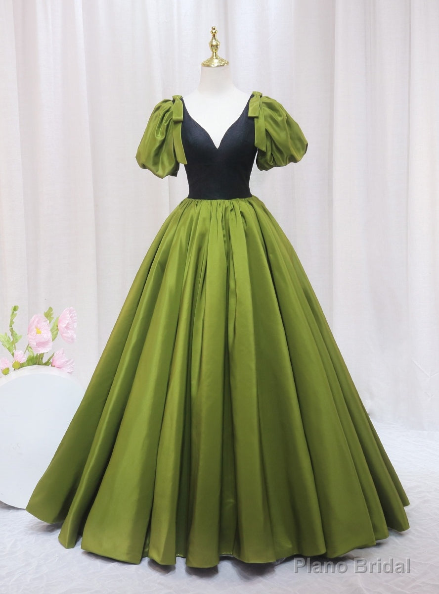 Green Puff Sleeve Satin V-neck Prom Dress Main image