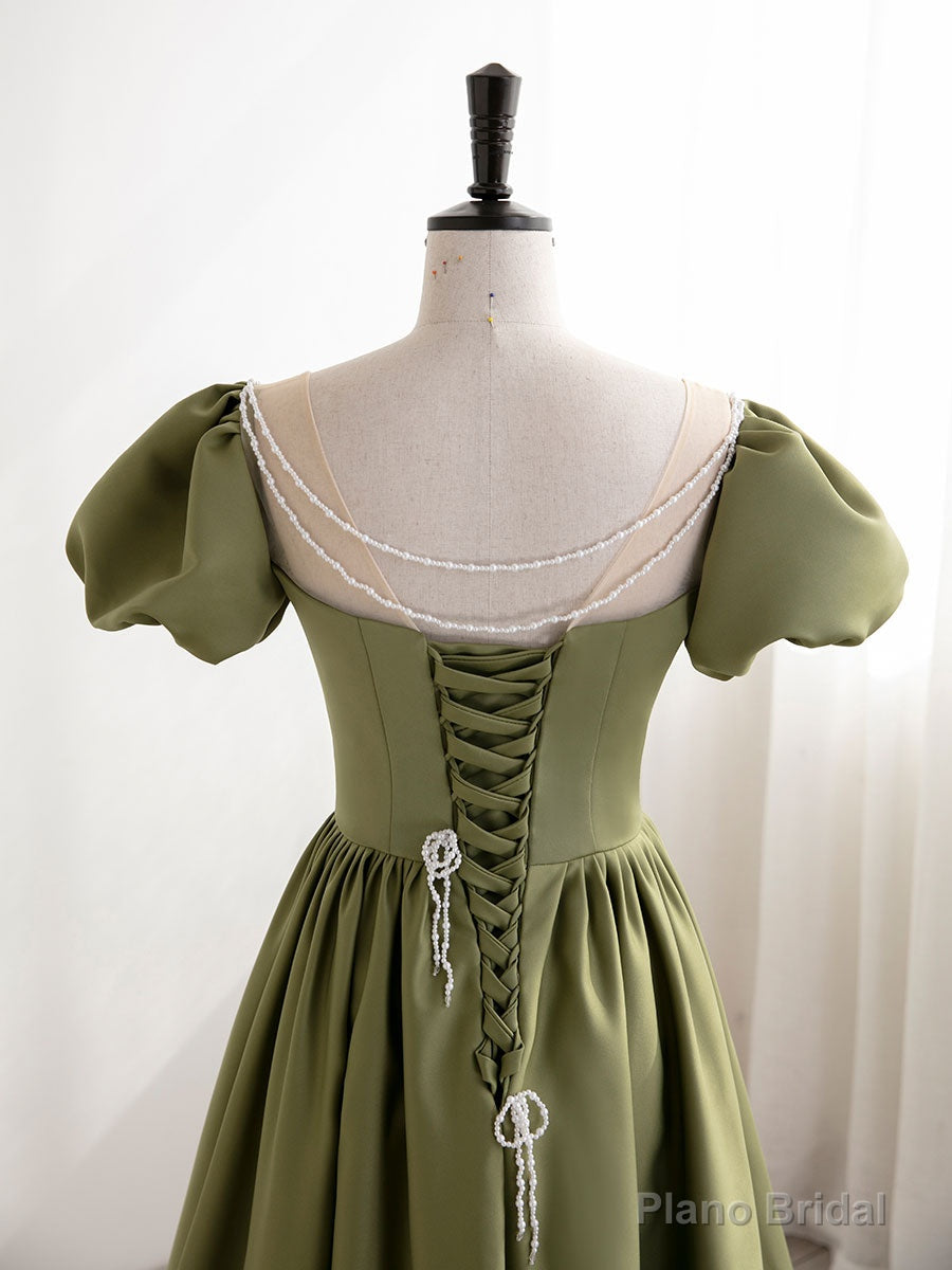 Green Puff Sleeves Satin Long Prom Dress, Green Long Formal Dresses Secondary image