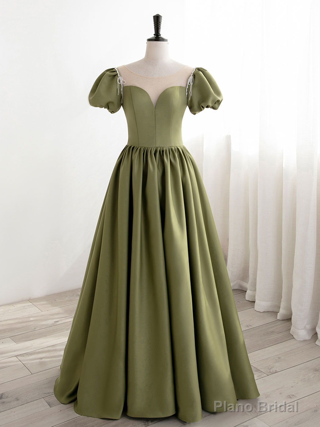Green Puff Sleeves Satin Long Prom Dress, Green Long Formal Dresses Main image