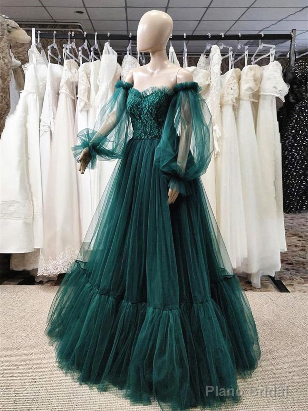 Green Puffy Sleeves Lace Top Long Party Dress, Green Tulle Prom Dress Secondary image