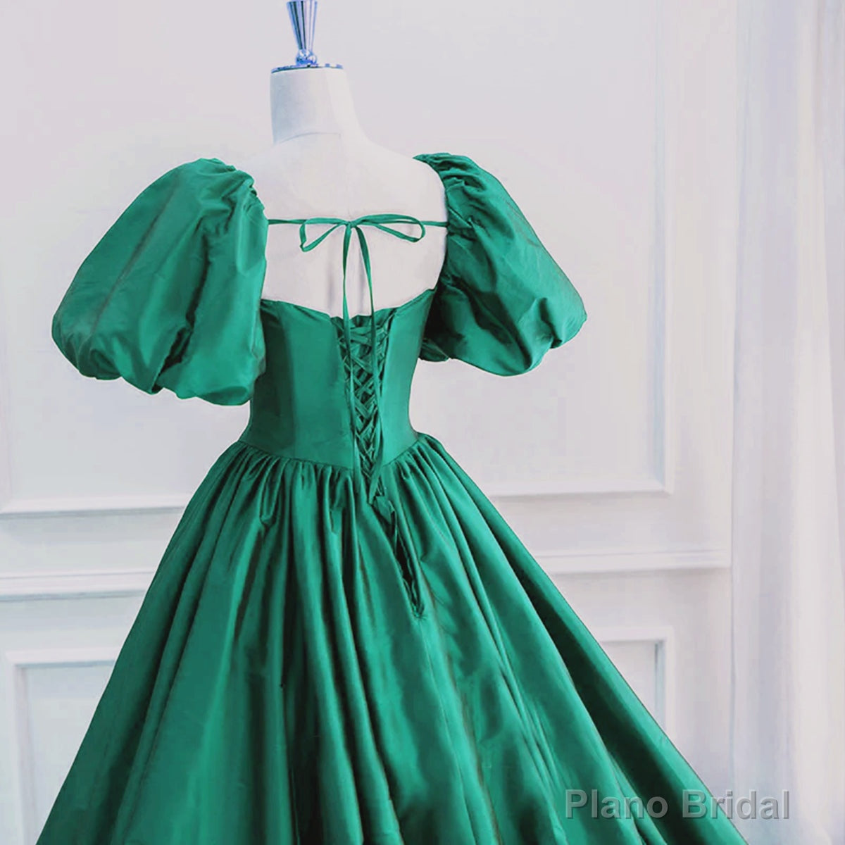 Green Puffy Sleeves Taffeta Long Formal Dress, Scoop Green Prom Dress Party Dress Secondary image