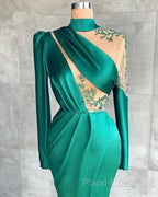 Green Robe De Soiree Sheath Long Sleeves Satin Beaded Slit Sexy Long Formal Prom Dresses Formal Prom Gown Formal Dresses