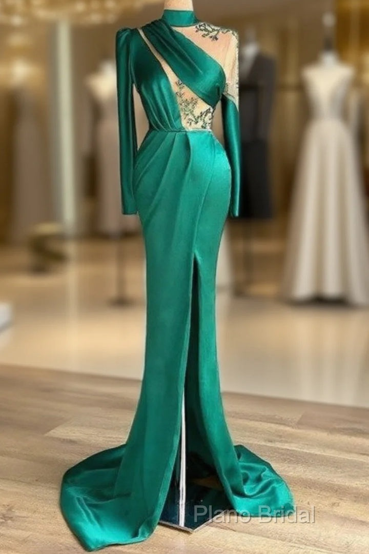 Green Robe De Soiree Sheath Long Sleeves Satin Beaded Slit Sexy Long Formal Prom Dresses Formal Prom Gown Formal Dresses Main image