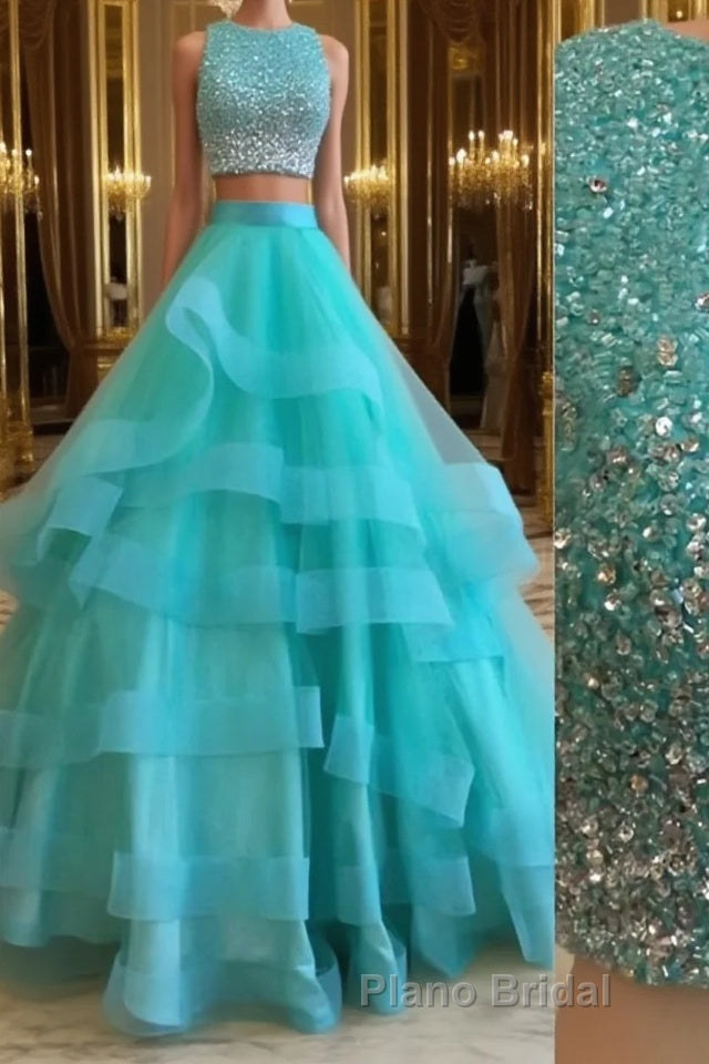 Green Round Neck 2 Pieces Beaded Sequins Tulle Long Formal Prom Dress, Green 2 Pieces Formal Dress, Green Evening Dress Main image