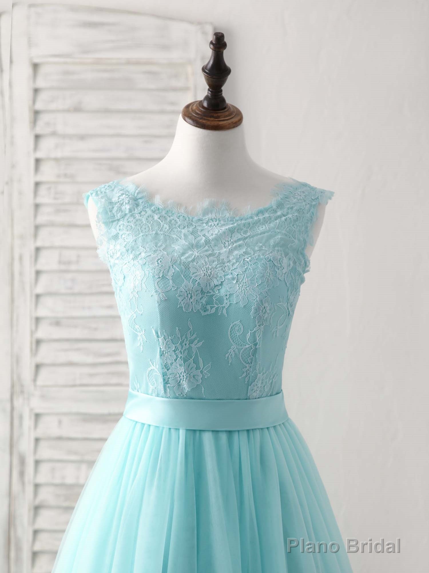 Green Round Neck Lace Tulle Long Prom Dress, Evening Dress