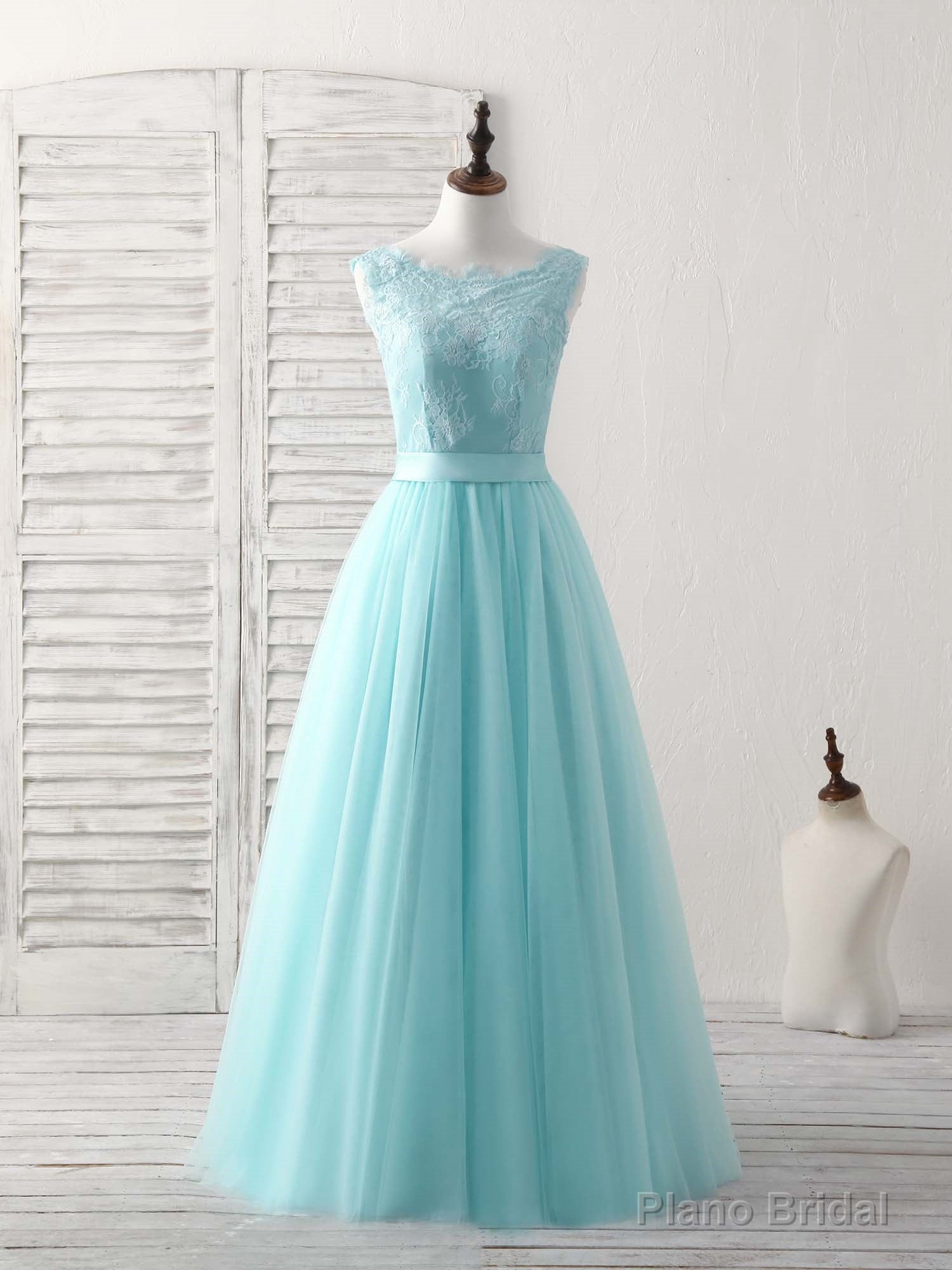 Green Round Neck Lace Tulle Long Prom Dress, Evening Dress Main image