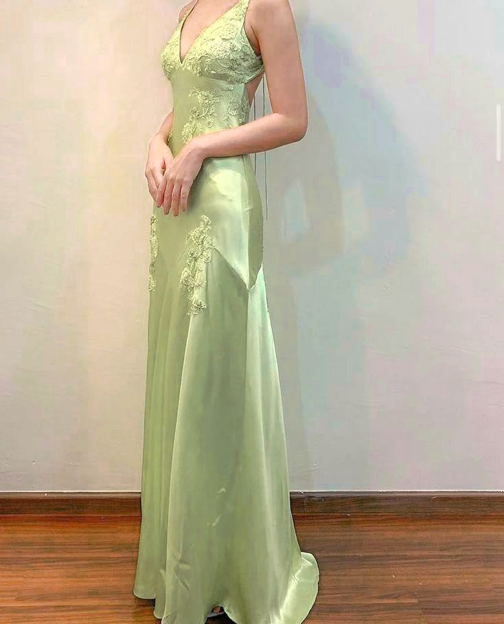 Green Satin A Line Long Formal Prom Dresses Formal Party Dresses