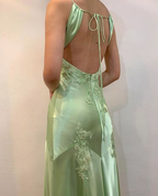 Green Satin A Line Long Formal Prom Dresses Formal Party Dresses