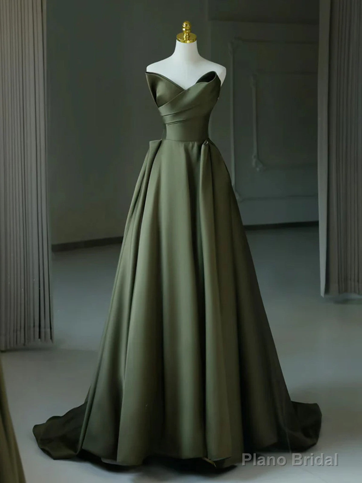 Green Satin A-line V-neckline Long Formal Dress, Green Satin Prom Dress Main image