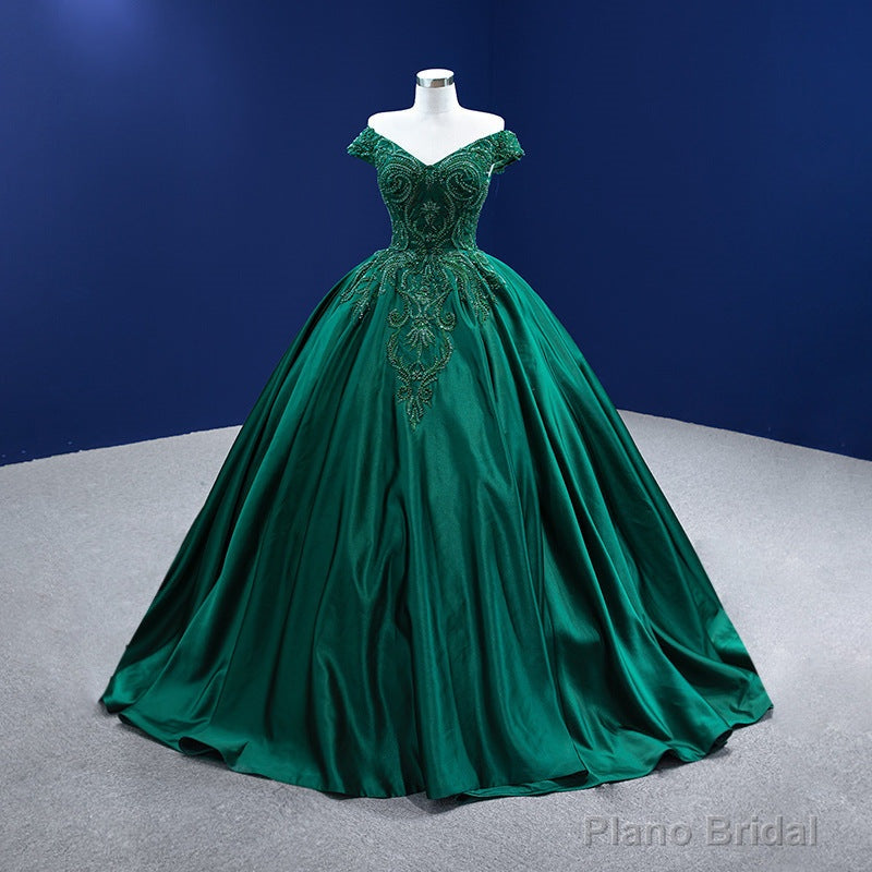 Green Satin Beaded Off Shoulder Long Formal Gown, Green Sweet 16 Dresses Main image