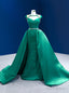 Green Satin Cap Sleeve Crystal Beading Prom Dress