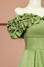 Green Satin Floor Length Formal Prom Dresses, Off The Shoulder Formal Party Dresses