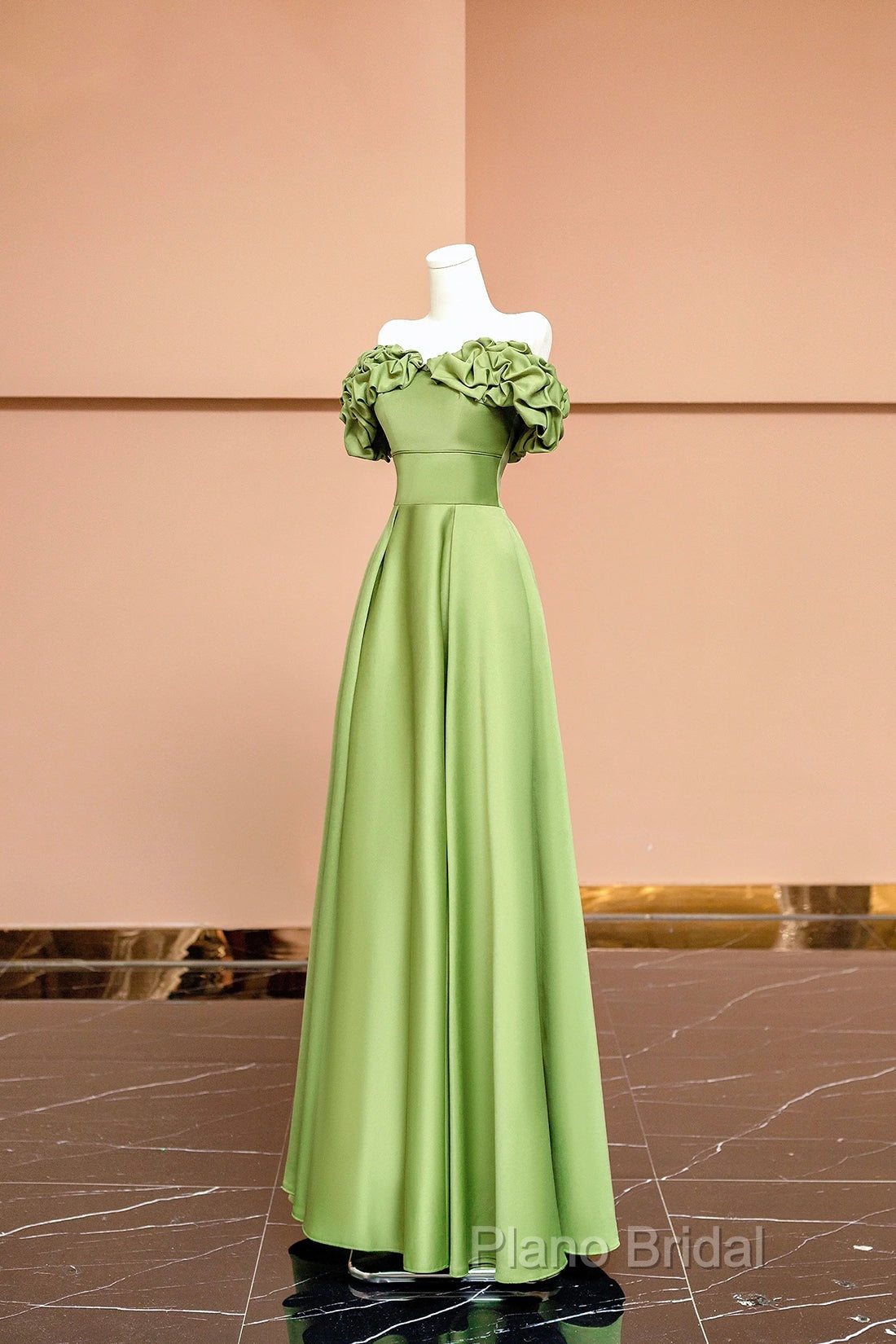 Green Satin Floor Length Formal Prom Dresses, Off The Shoulder Formal Party Dresses