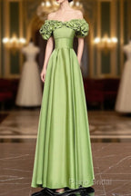 Green Satin Floor Length Formal Prom Dresses, Off The Shoulder Formal Party Dresses