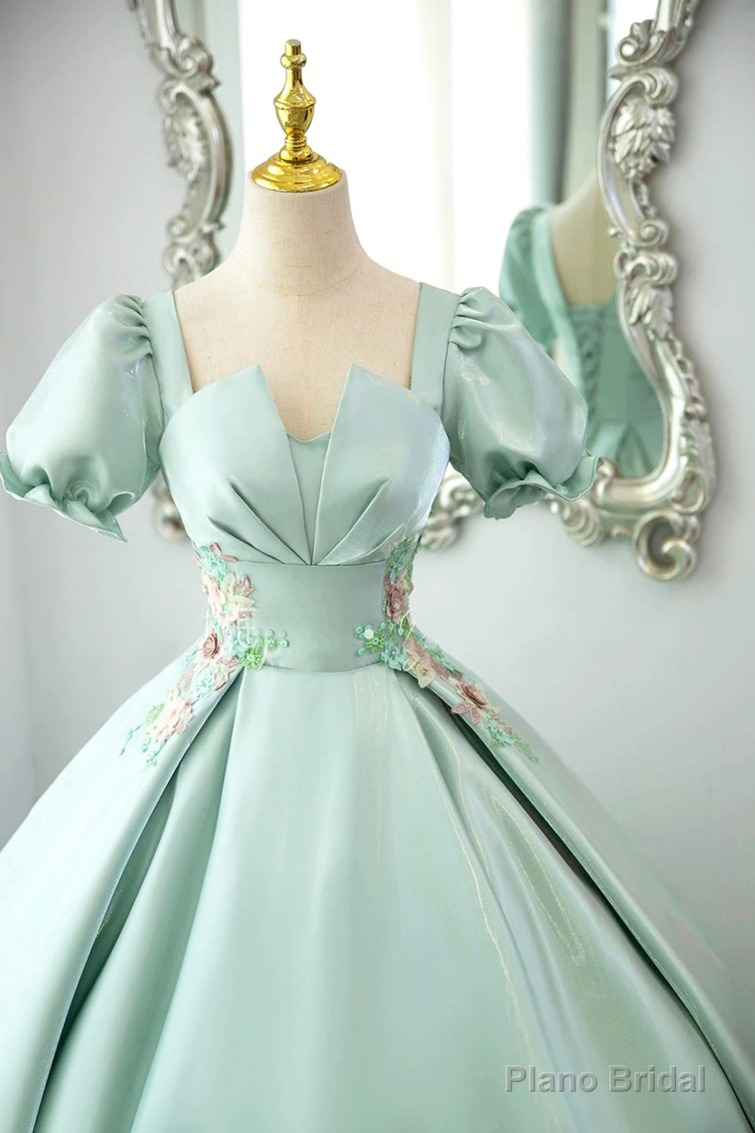 Green Satin Lace Long Prom Dress, Beautiful A-Line Short Sleeve Evening Party Dress Secondary image