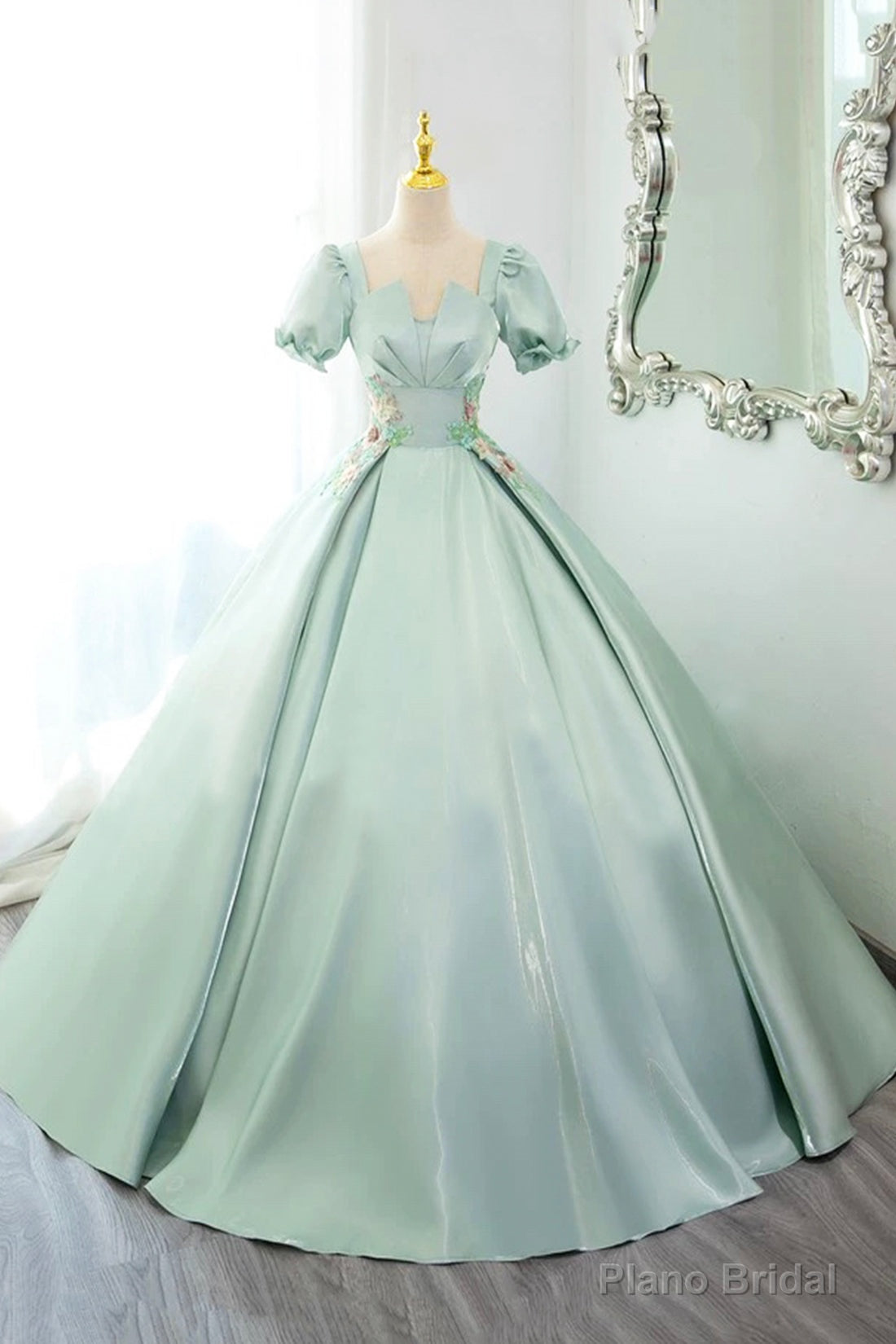 Green Satin Lace Long Prom Dress, Beautiful A-Line Short Sleeve Evening Party Dress Main image