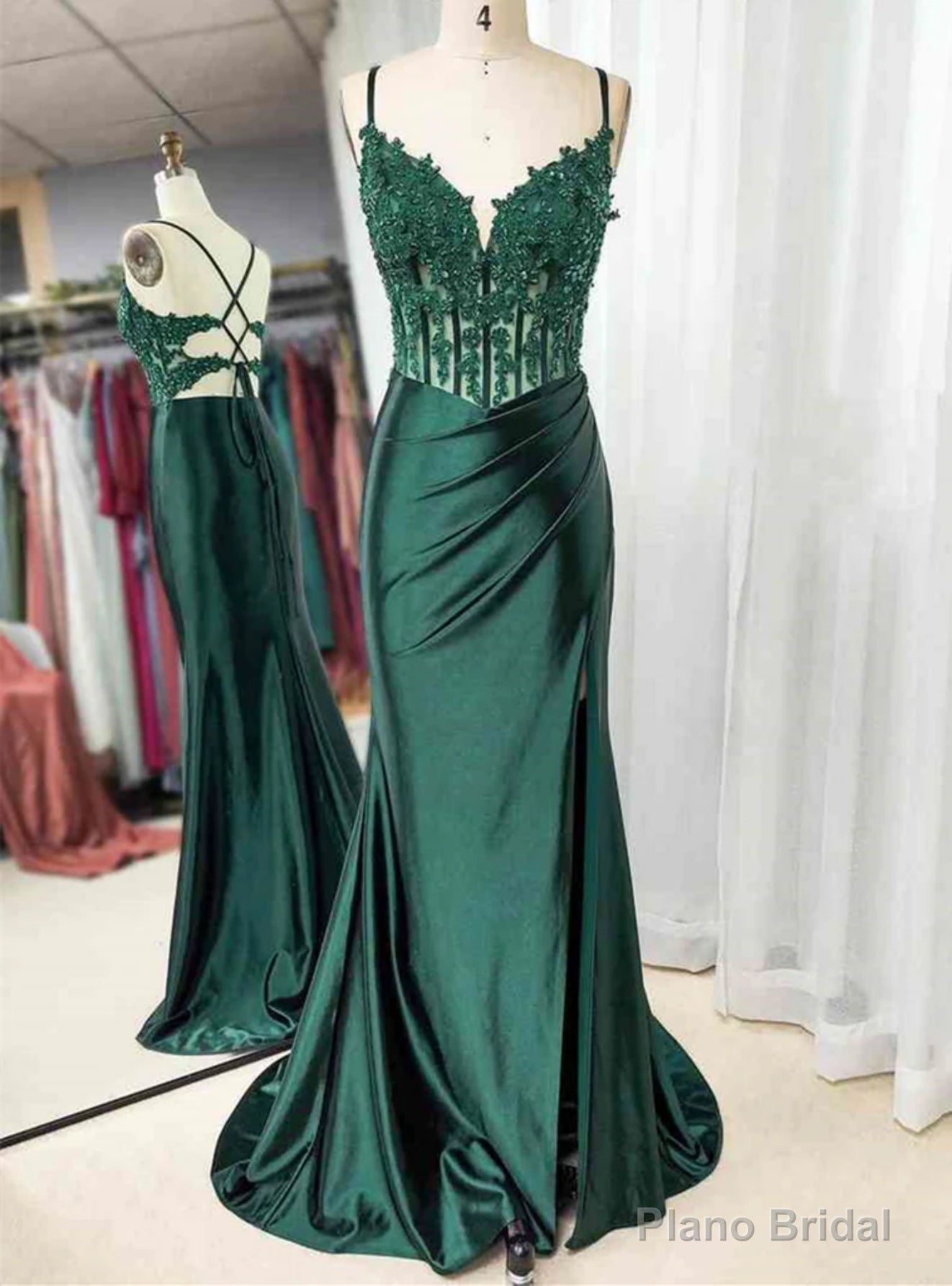 Green Satin Lace Spaghetti Straps Prom Dress Main image