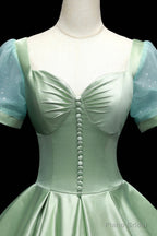 Green Satin Long A-Line Ball Gown, Short Sleeve Green Formal Evening Dress