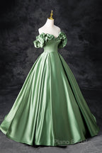 Green Satin Long A-Line Party Dresses, Off The Shoulder Formal Dresses