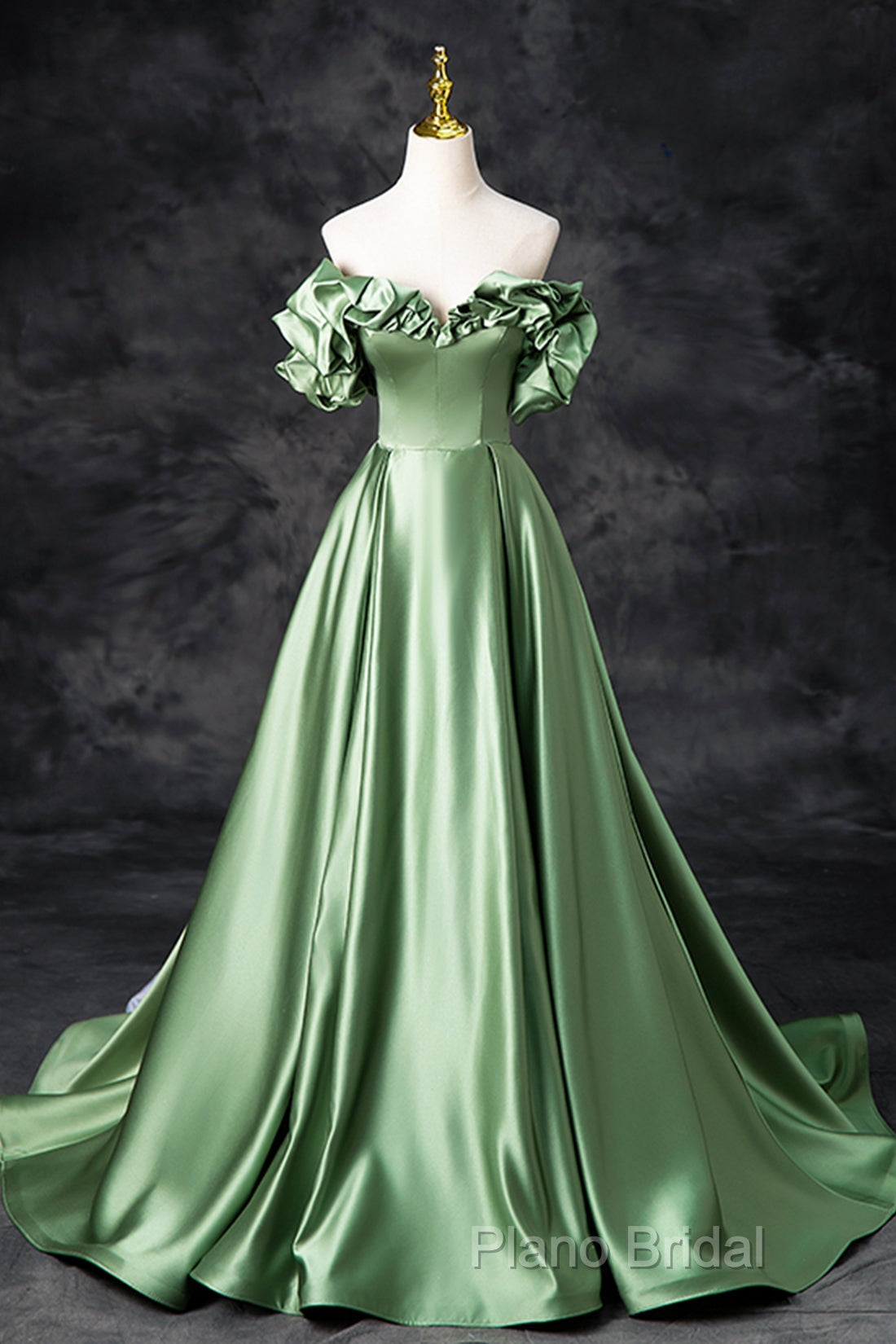 Green Satin Long A-Line Party Dresses, Off The Shoulder Formal Dresses