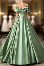 Green Satin Long A-Line Party Dresses, Off The Shoulder Formal Dresses