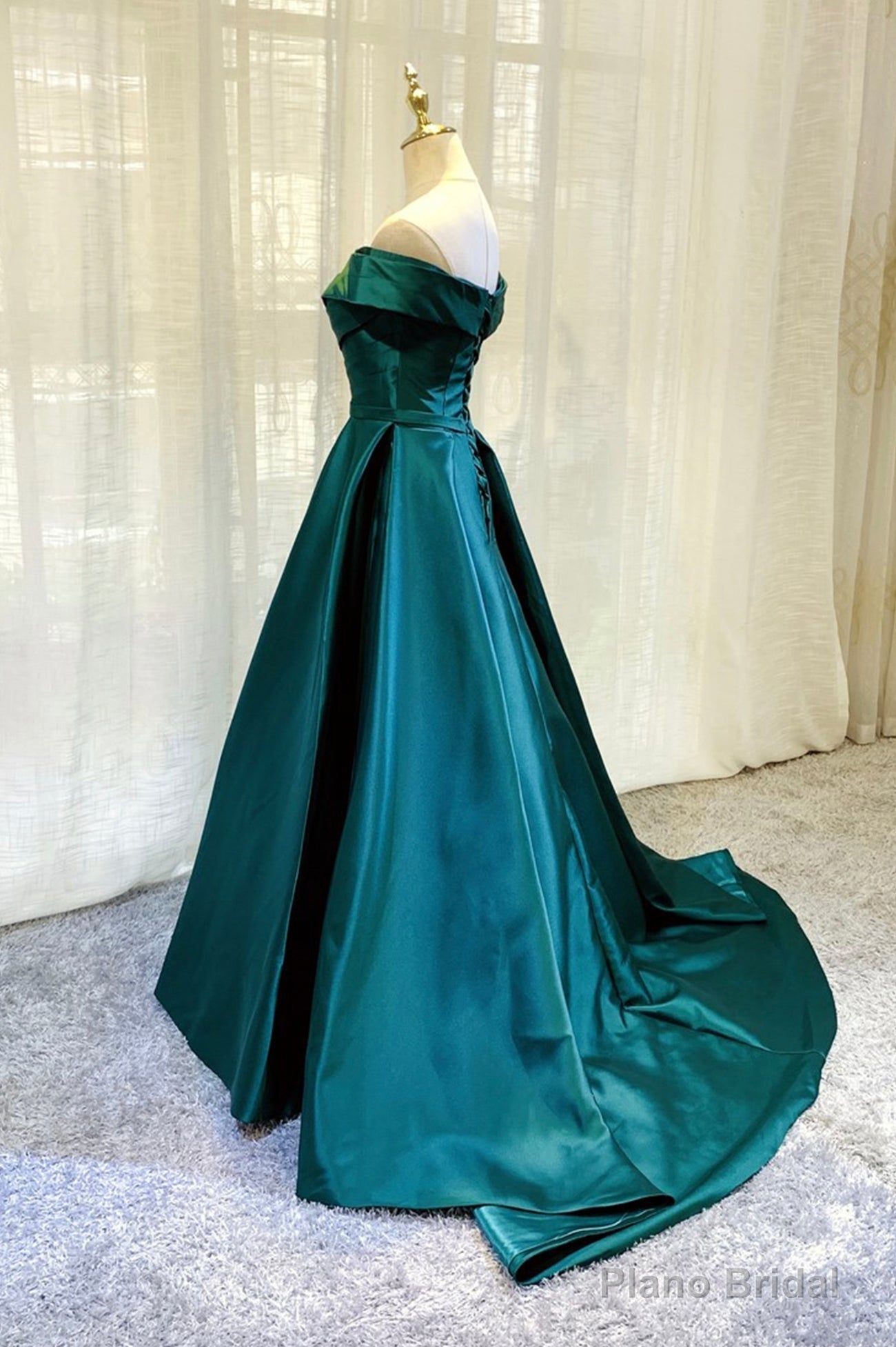 Green Satin Long A-Line Prom Dress, Simple Off the Shoulder Evening Dress Main image