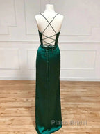 Green Satin Long Mermaid Slit Formal Prom Dresses