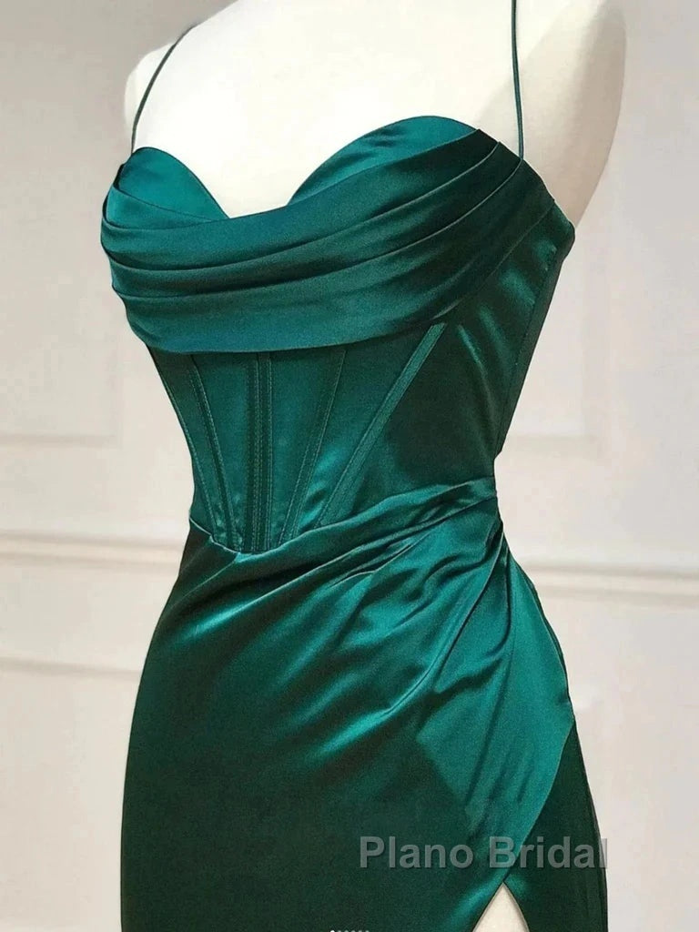 Green Satin Long Mermaid Slit Formal Prom Dresses