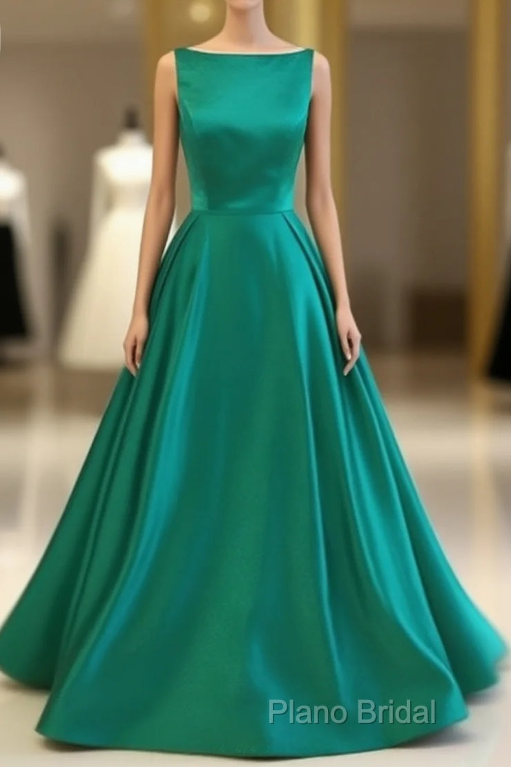 Green Satin Long Formal Prom Dresses, Green Formal Dresses Main image