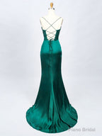Green Satin Long Prom Dresses, Green Mermaid Long Formal Dresses