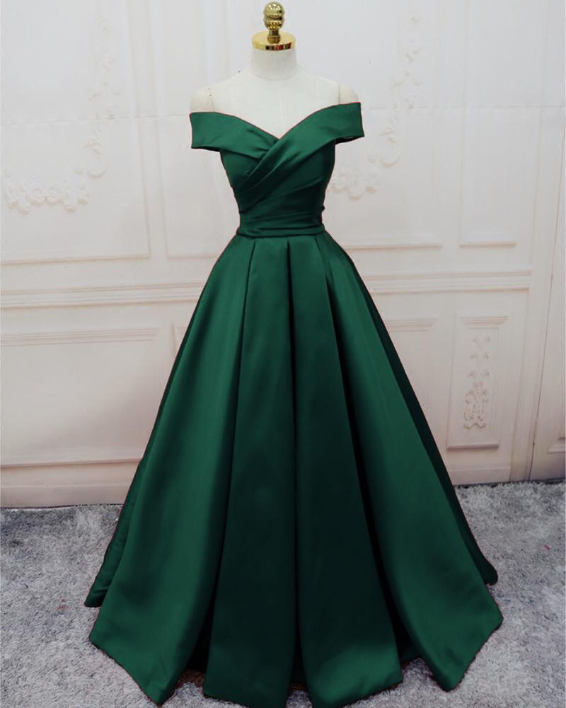 Green Satin Off Shoulder Lace-Up Formal Gown, Senior Formal Prom Dresses Secondary image