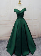 Green Satin Off Shoulder Lace-Up Formal Gown, Senior Formal Prom Dresses