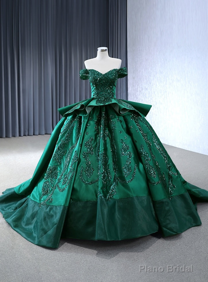 Green Satin Off the Shoulder Sequins Appliques Prom Dress Main image