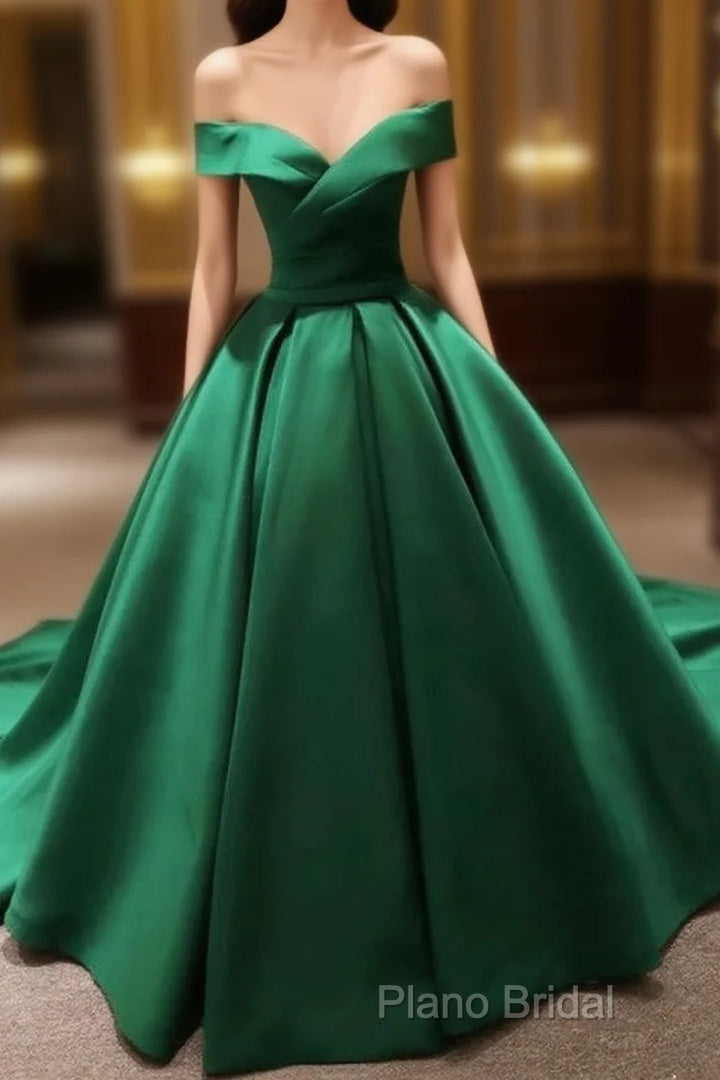 Green Satin Formal Prom Dresses Long Off The Shoulder Ball Gowns Quinceanera Dresses