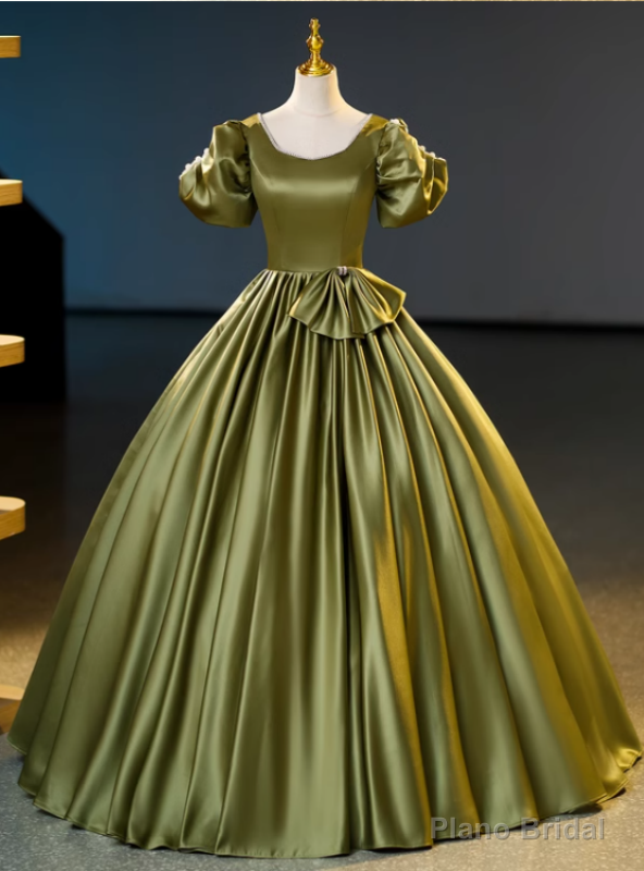 Green Satin Puff Sleeve Beading Quinceanera Dress Main image