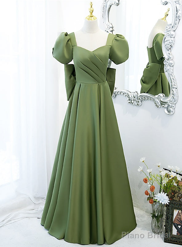 Green Satin Puff Sleeve Pleats Prom Dress With Bow Main image