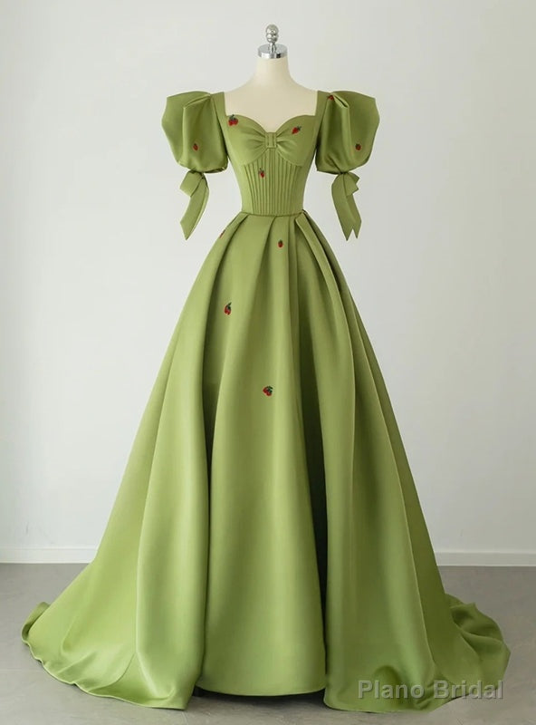 Green Satin Puff Sleeve Square Prom Dress Main image