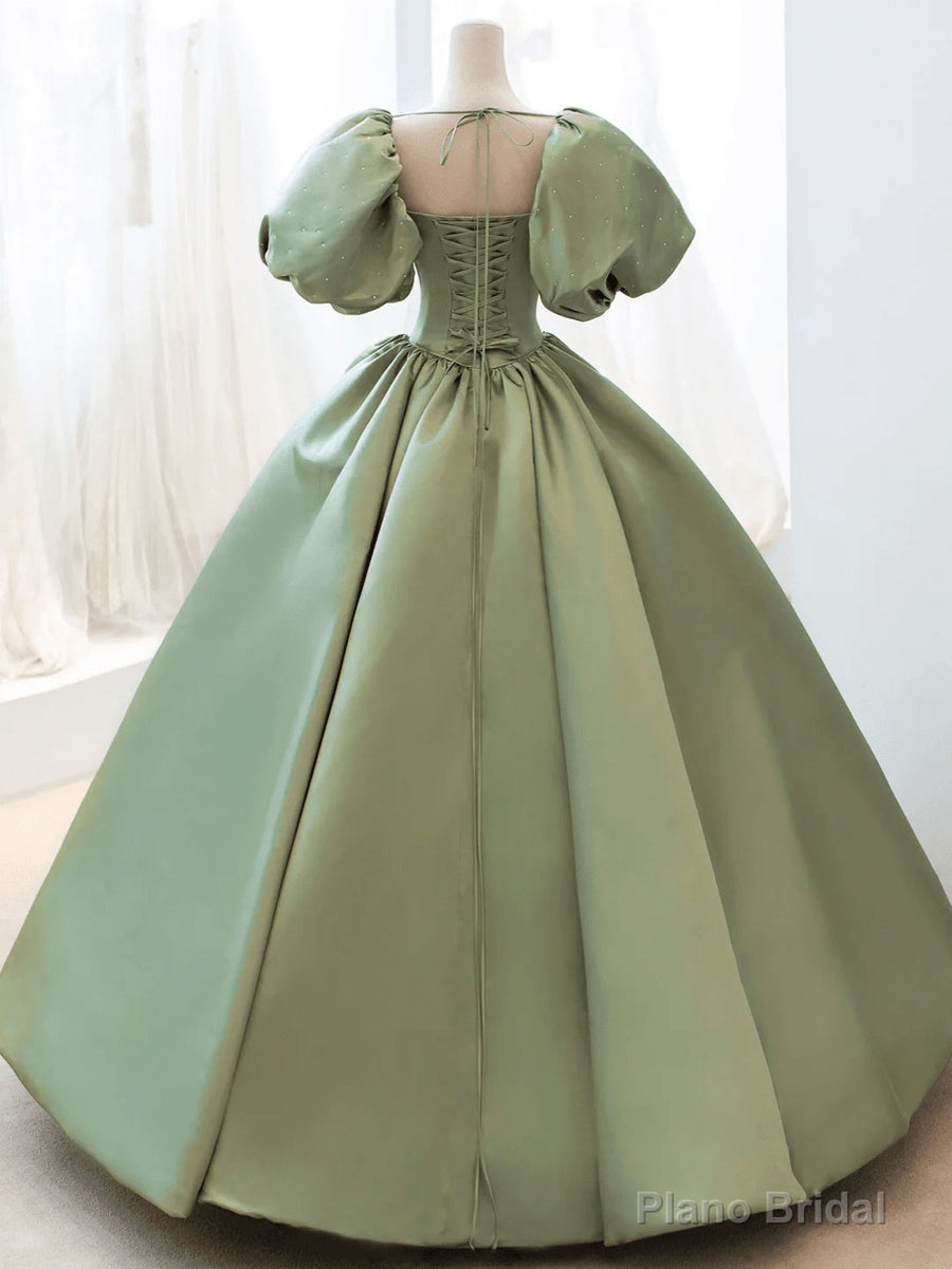 Green Satin Puffy Sleeves Long Formal Dress, Green Satin Prom Dress Party Dress Secondary image