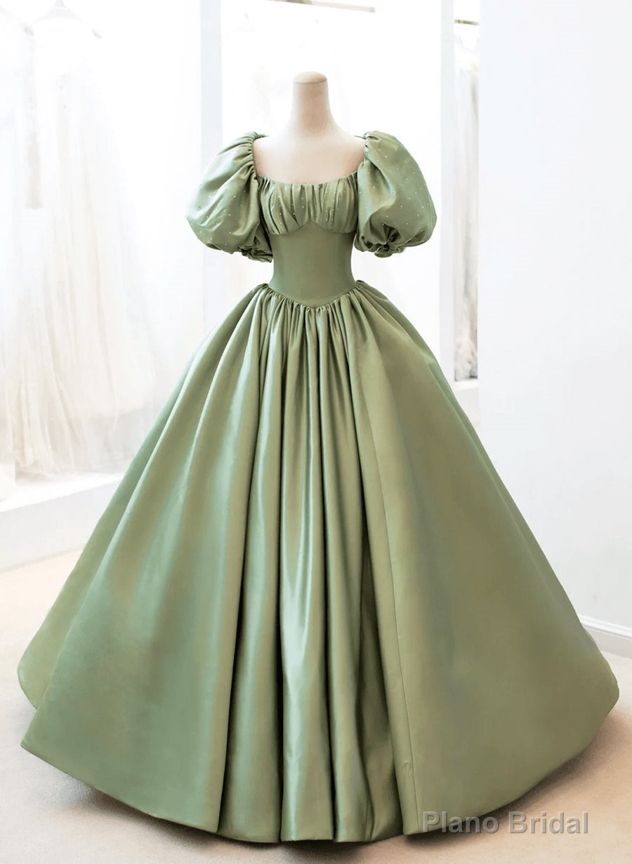 Green Satin Puffy Sleeves Long Formal Dress, Green Satin Prom Dress Party Dress Main image