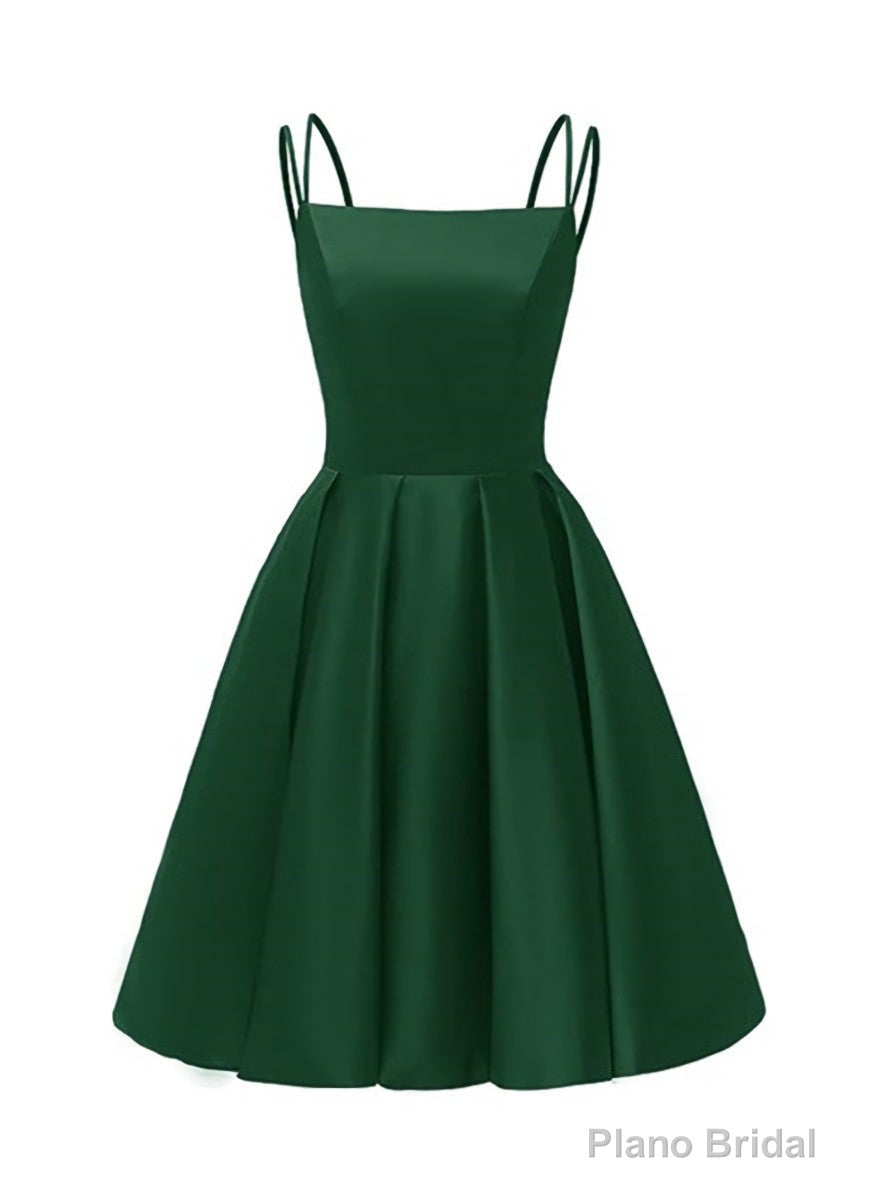 Green Satin Scoop Short Homecoming Dress, Satin Straps Lace-up Short Prom Dress