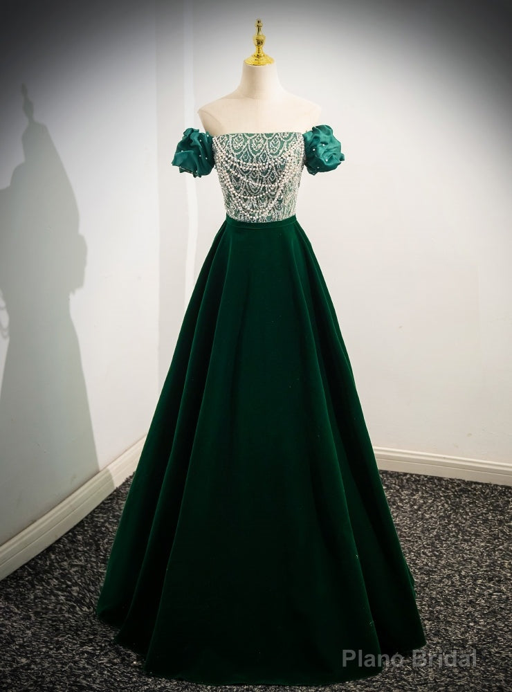 Green Satin Sequins Puff Sleeve Prom Dress Main image