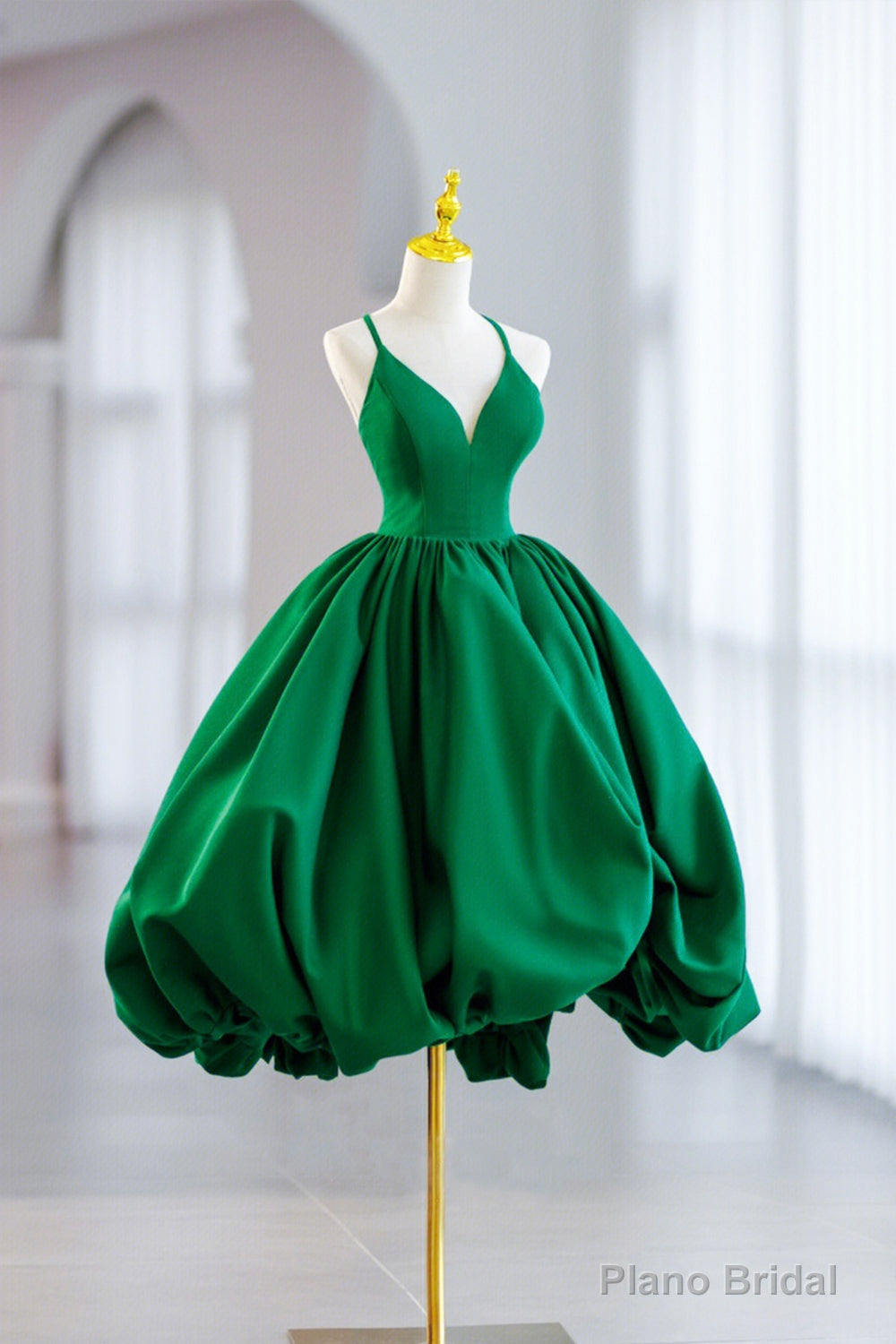 Green Satin Short A-Line Prom Dress, Green V-Neck Party Dress Main image