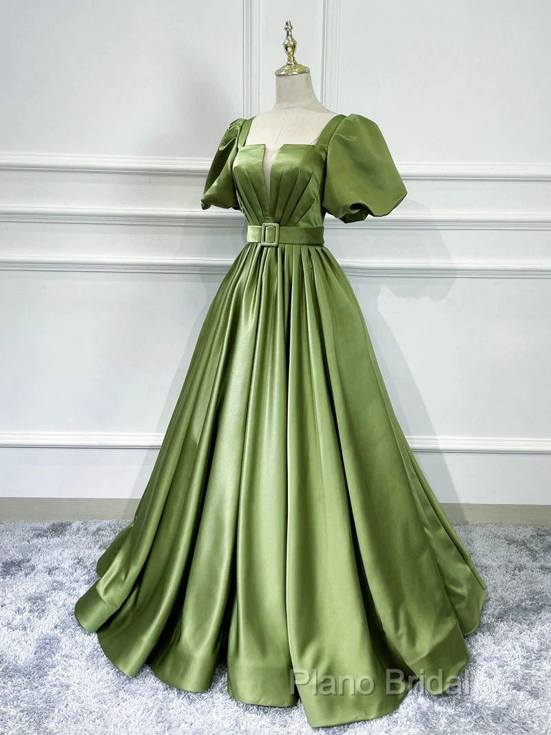Green Satin Short Sleeves Long Formal Party Dresses, Green Formal Party Dresses
