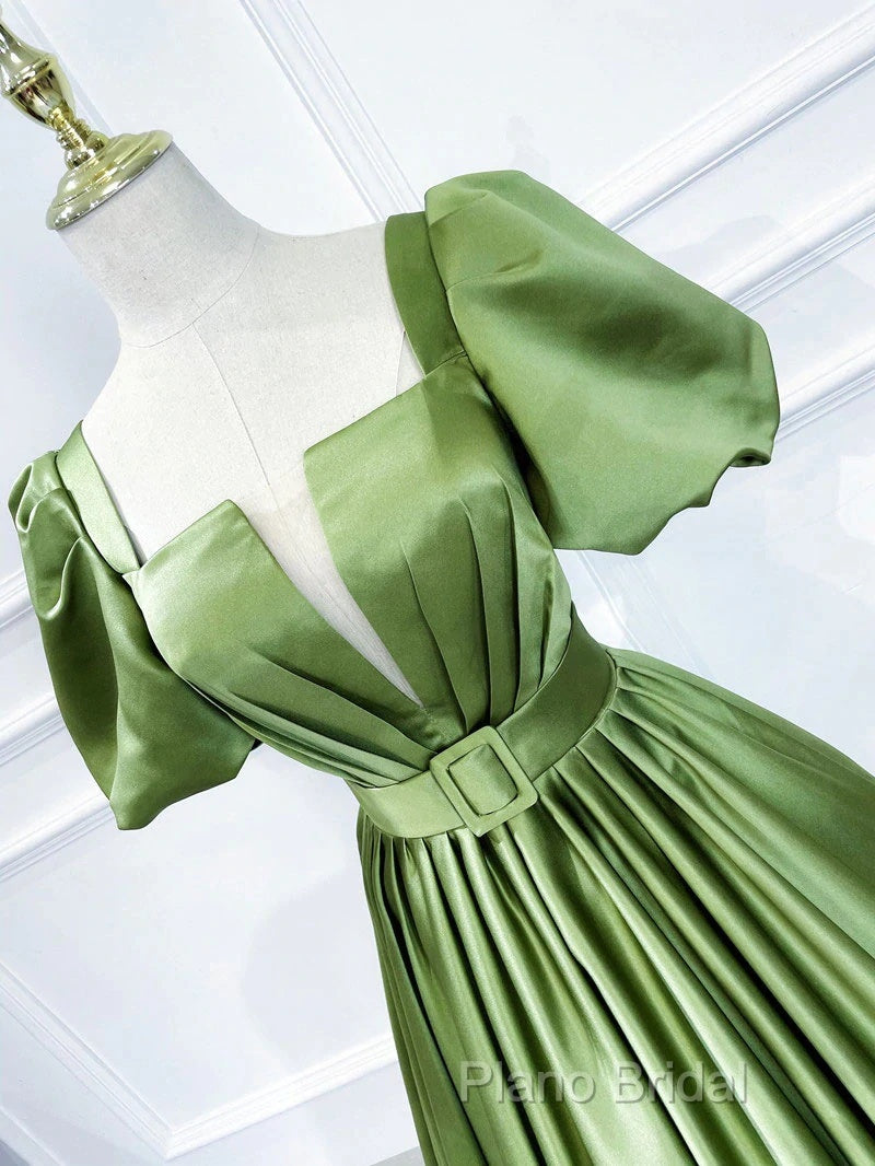 Green Satin Short Sleeves Long Formal Party Dresses, Green Formal Party Dresses
