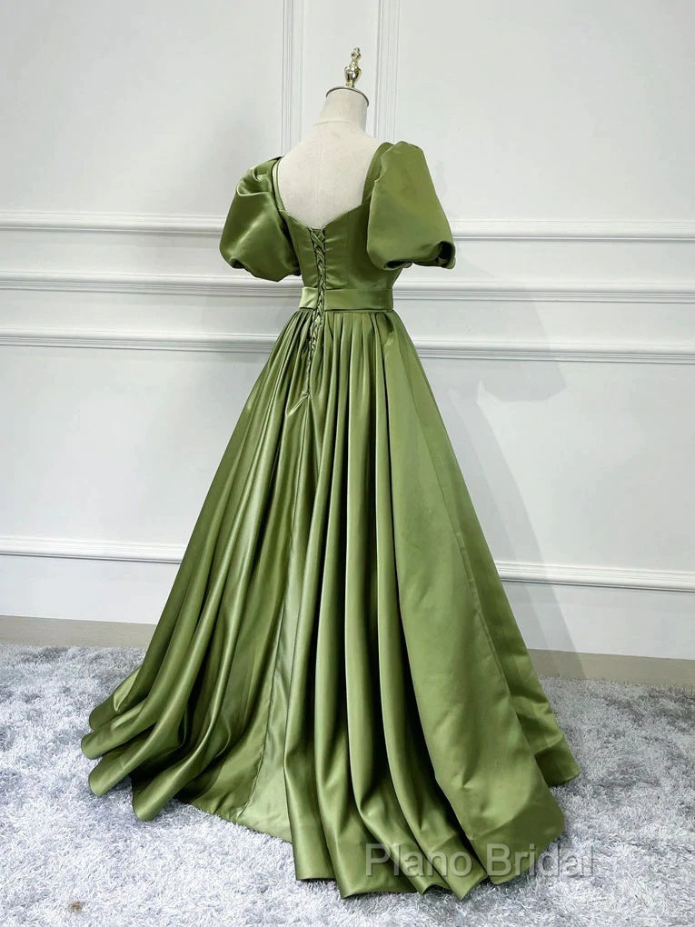 Green Satin Short Sleeves Long Formal Party Dresses, Green Formal Party Dresses