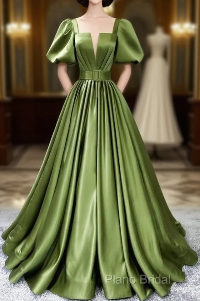 Green Satin Short Sleeves Long Formal Party Dresses, Green Formal Party Dresses Main image