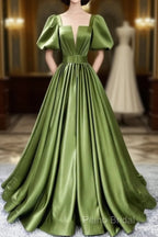 Green Satin Short Sleeves Long Formal Party Dresses, Green Formal Party Dresses