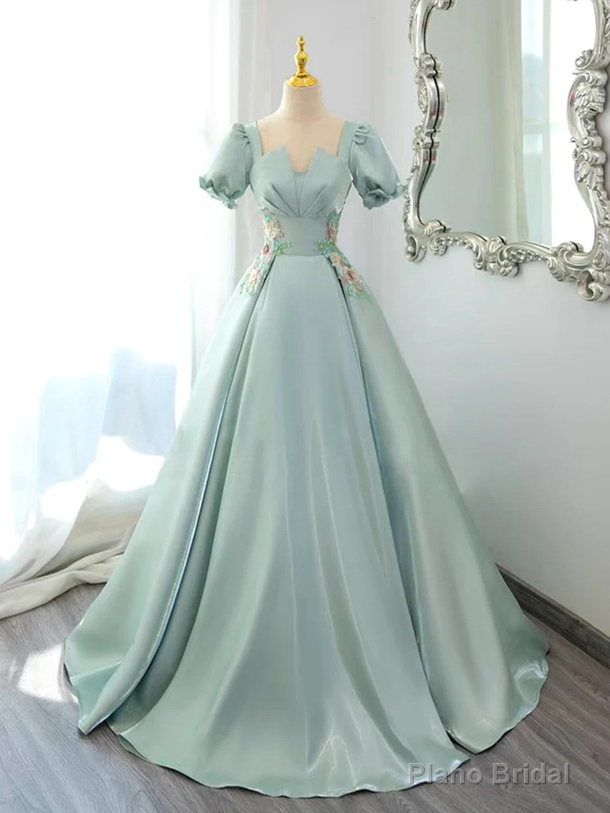 Green Satin Short Sleeves Long Formal Dress, Green Satin Prom Dress Evening Dress Main image