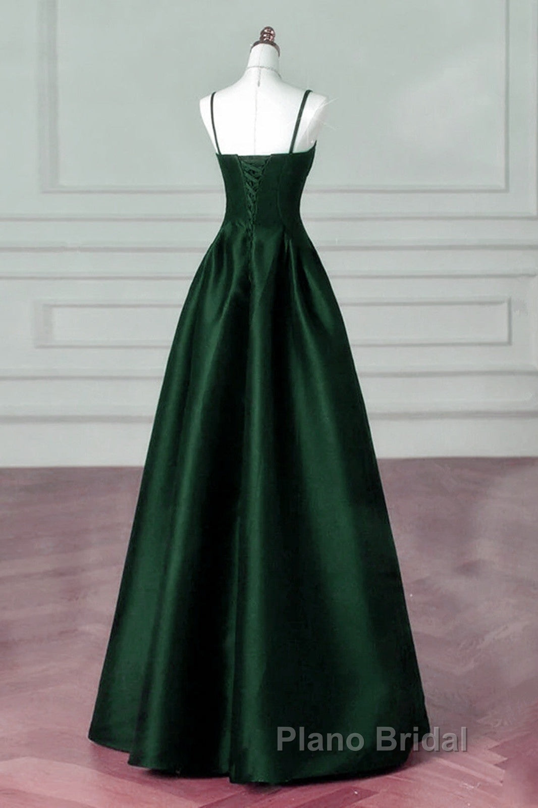Green Satin Simple A-Line Floor Length Party Dresses, Green Satin Straps Formal Prom Dresses