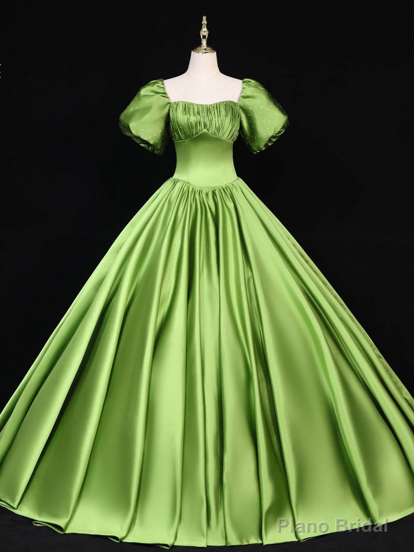 Green Satin Square Puff Sleeve Beading Quinceanera Dress Main image